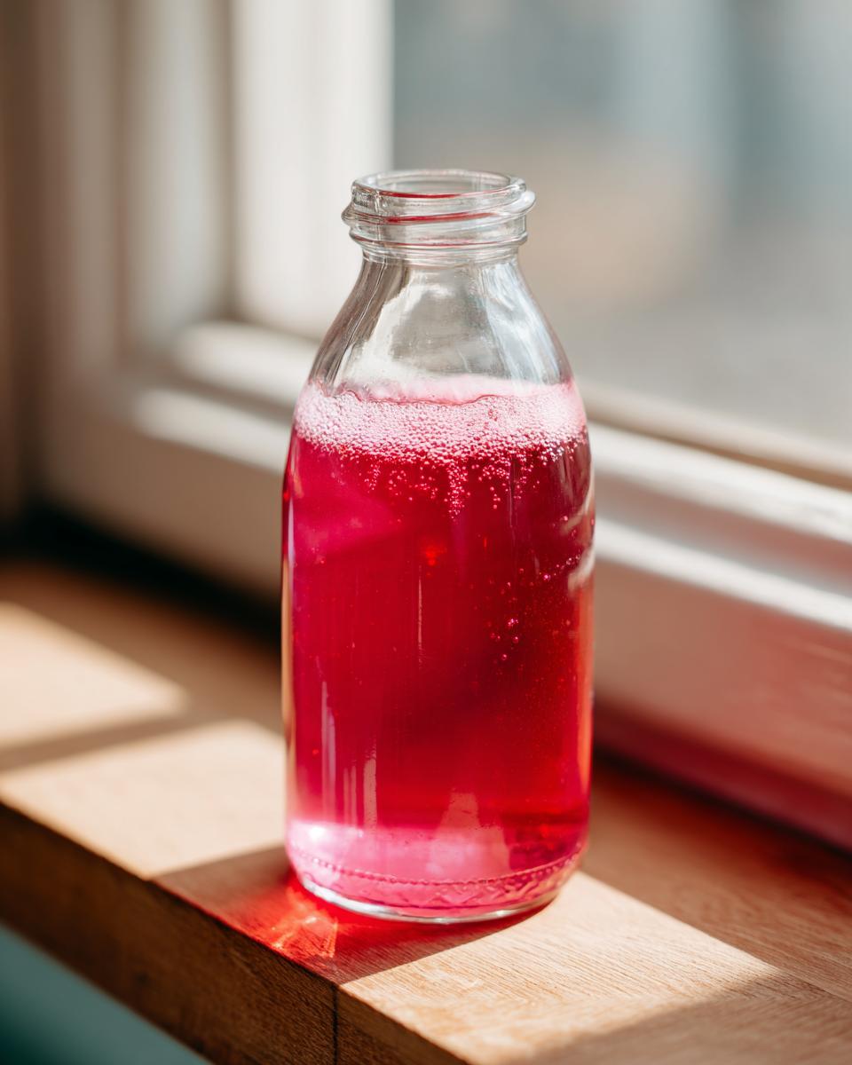 Eine Glasflasche mit leuchtend rotem, sprudelndem Rhabarbersirup steht auf einer Holzfensterbank im Sonnenlicht.