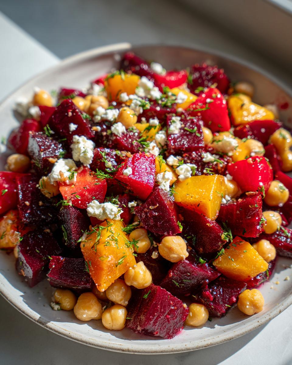 Nahaufnahme eines bunten Rote Bete Salat mit Kichererbsen, gelben und roten Bete-Stücken und zerbröseltem Käse.