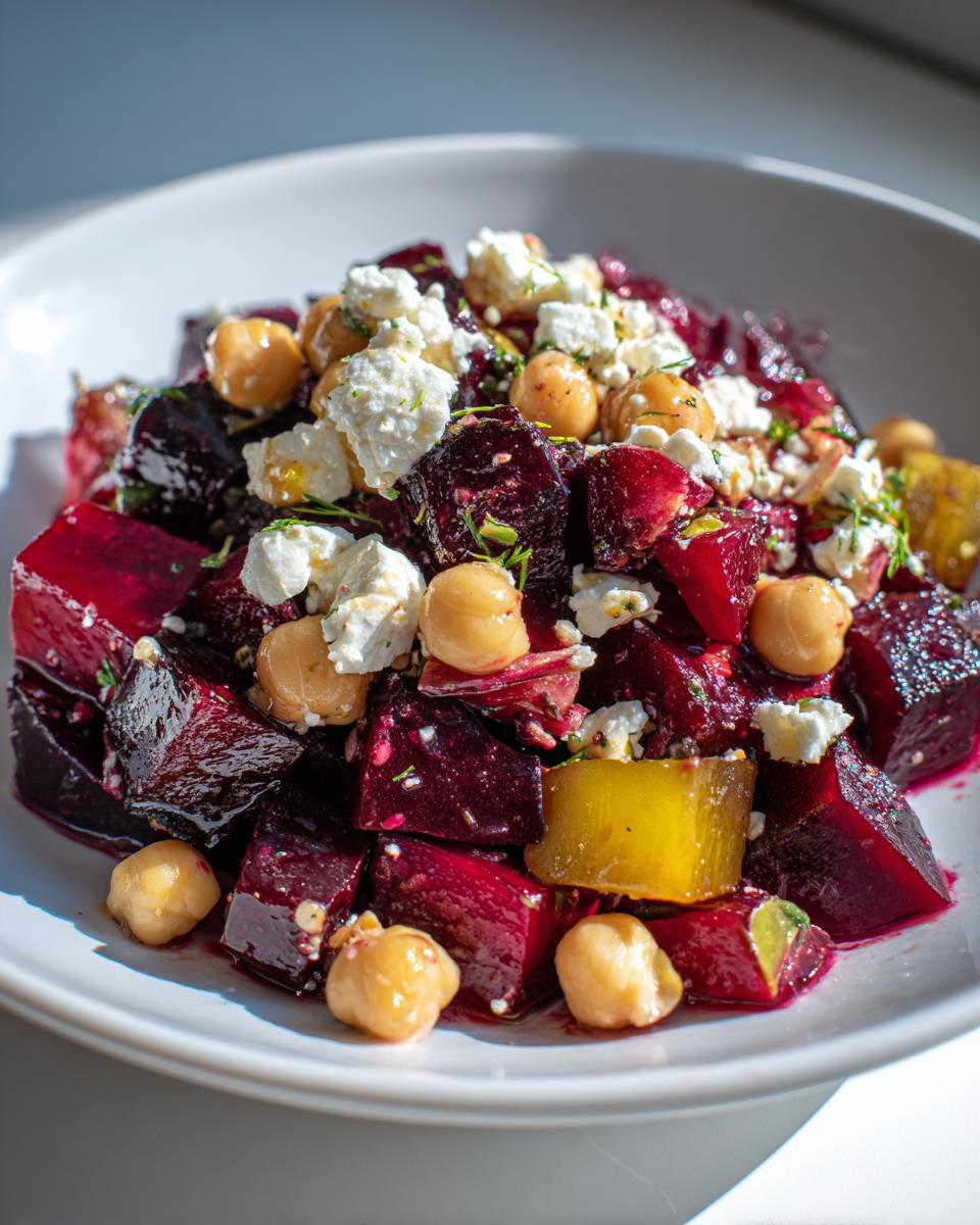 Nahaufnahme eines bunten Rote Bete Salat mit Kichererbsen, zerbröseltem Feta und Kräutern in einer weißen Schale.