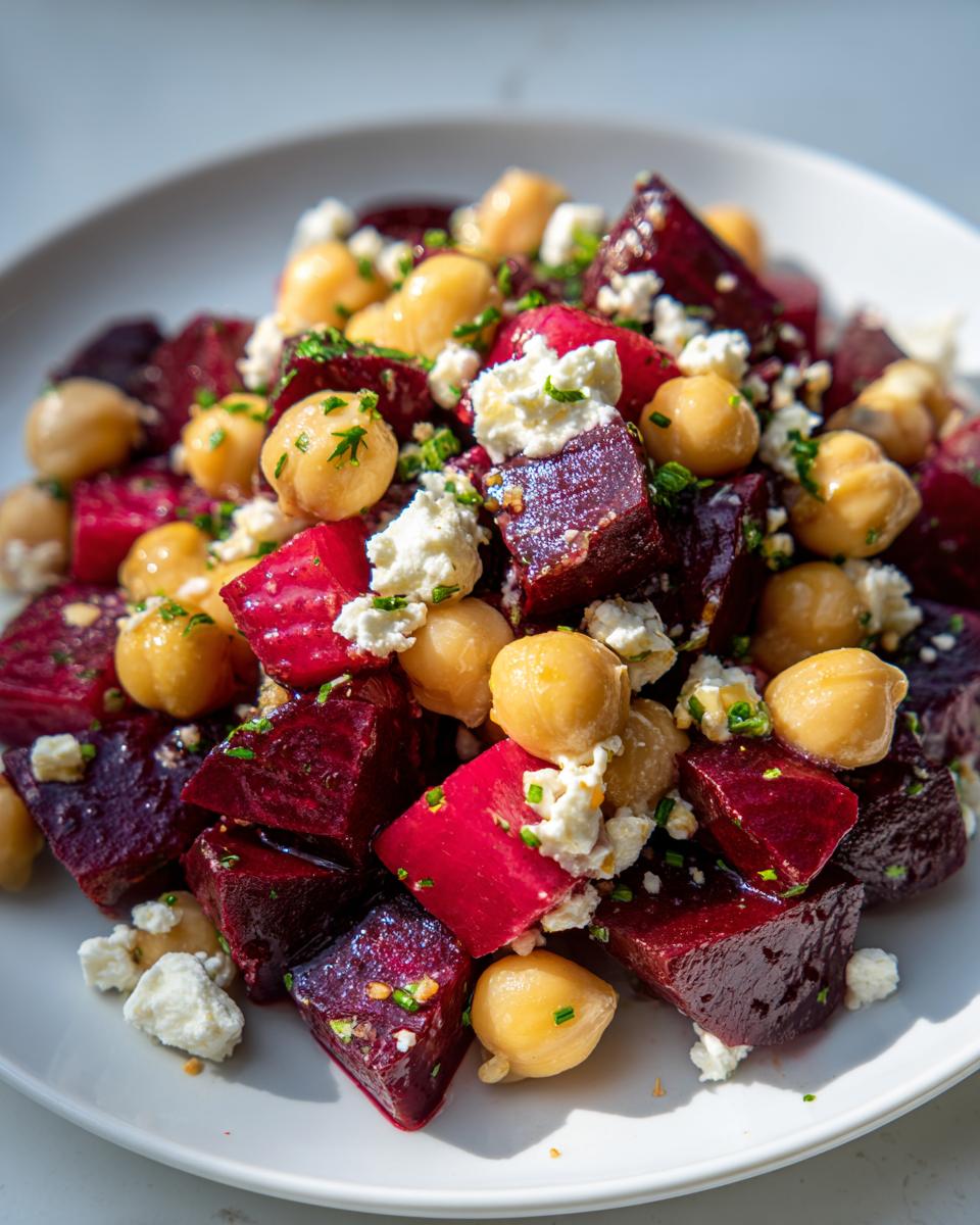 Nahaufnahme des Rote Bete Salat mit Kichererbsen, gewürfeltem Feta und Schnittlauch auf einem weißen Teller.
