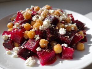 Nahaufnahme eines leuchtend roten Rote Bete Salat mit Kichererbsen und zerbröseltem Feta auf einem weißen Teller.