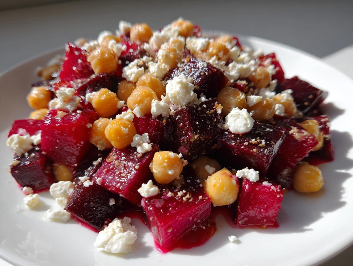 Nahaufnahme eines leuchtend roten Rote Bete Salat mit Kichererbsen und zerbröseltem Feta auf einem weißen Teller.