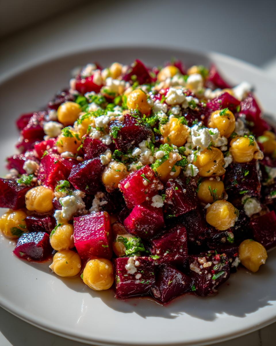 Nahaufnahme eines leuchtend roten Rote Bete Salat mit Kichererbsen, Feta und Kräutern auf einem weißen Teller.