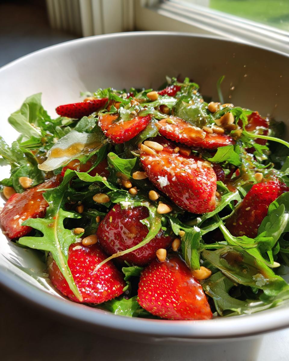 Nahaufnahme eines Rucolasalat mit Erdbeeren, Pinienkernen und dunklem Dressing in einer weißen Schüssel.