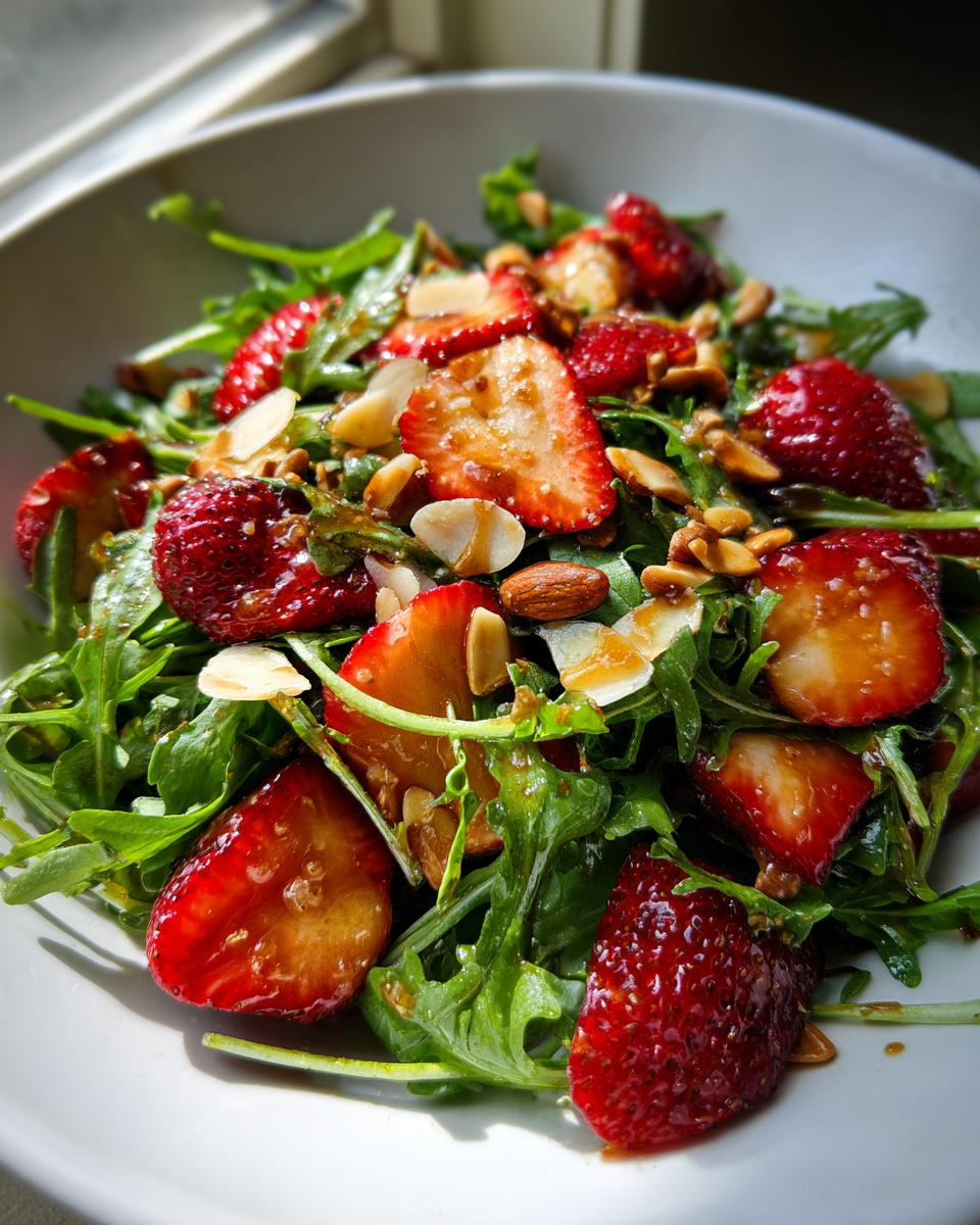 Nahaufnahme eines Schüssel mit Rucolasalat mit Erdbeeren, Mandelsplittern und einem Dressing.