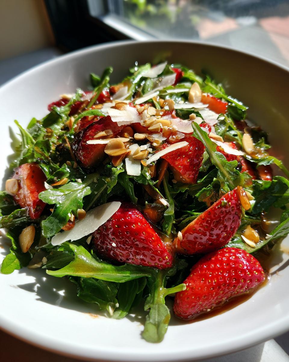 Nahaufnahme eines Rucolasalat mit Erdbeeren, Parmesanflocken und Sonnenblumenkernen.