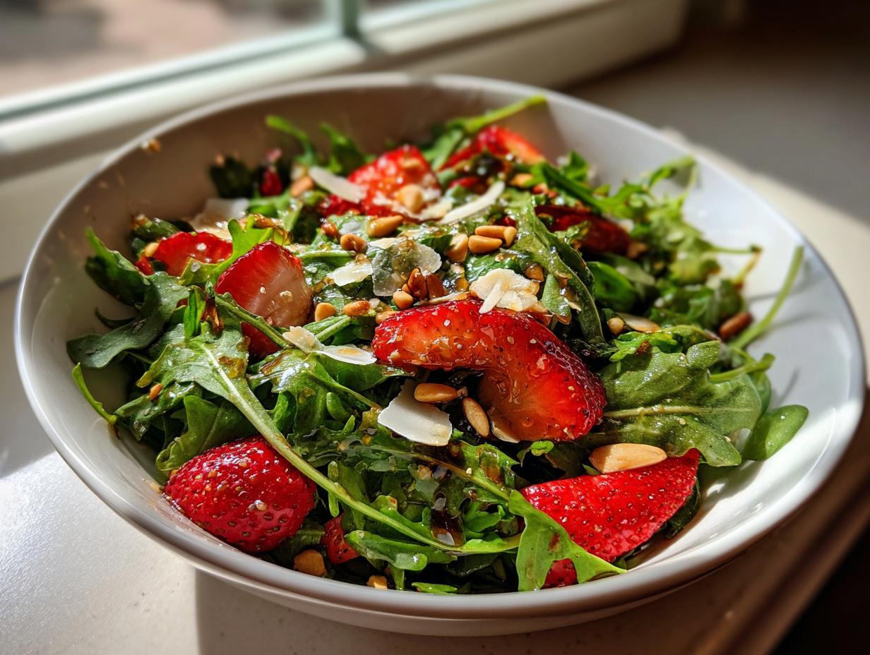 Nahaufnahme eines Schüssel mit Rucolasalat mit Erdbeeren, Pinienkernen und Parmesanflocken.
