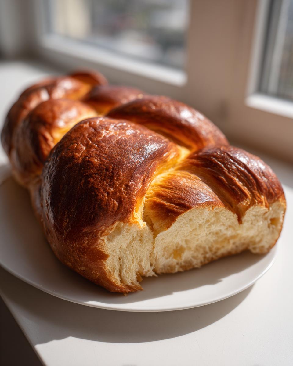 Eine saftige, geflochtene Pfingstbrezel mit glänzender, goldbrauner Kruste, auf einem weißen Teller liegend.