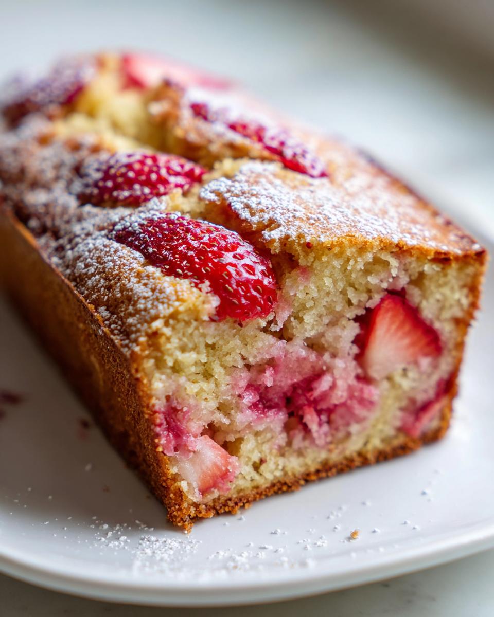 Nahaufnahme eines saftigen Erdbeer Rhabarber Kuchen mit Joghurt, bestäubt mit Puderzucker.