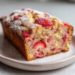 Angeschnittener, saftiger Erdbeer Rhabarber Kuchen mit Joghurt, bestäubt mit Puderzucker auf einem Teller.