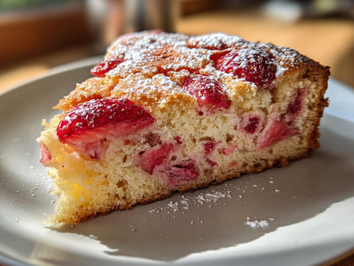 Nahaufnahme eines saftigen Stücks Erdbeer Rhabarber Kuchen mit Joghurt, bestäubt mit Puderzucker.