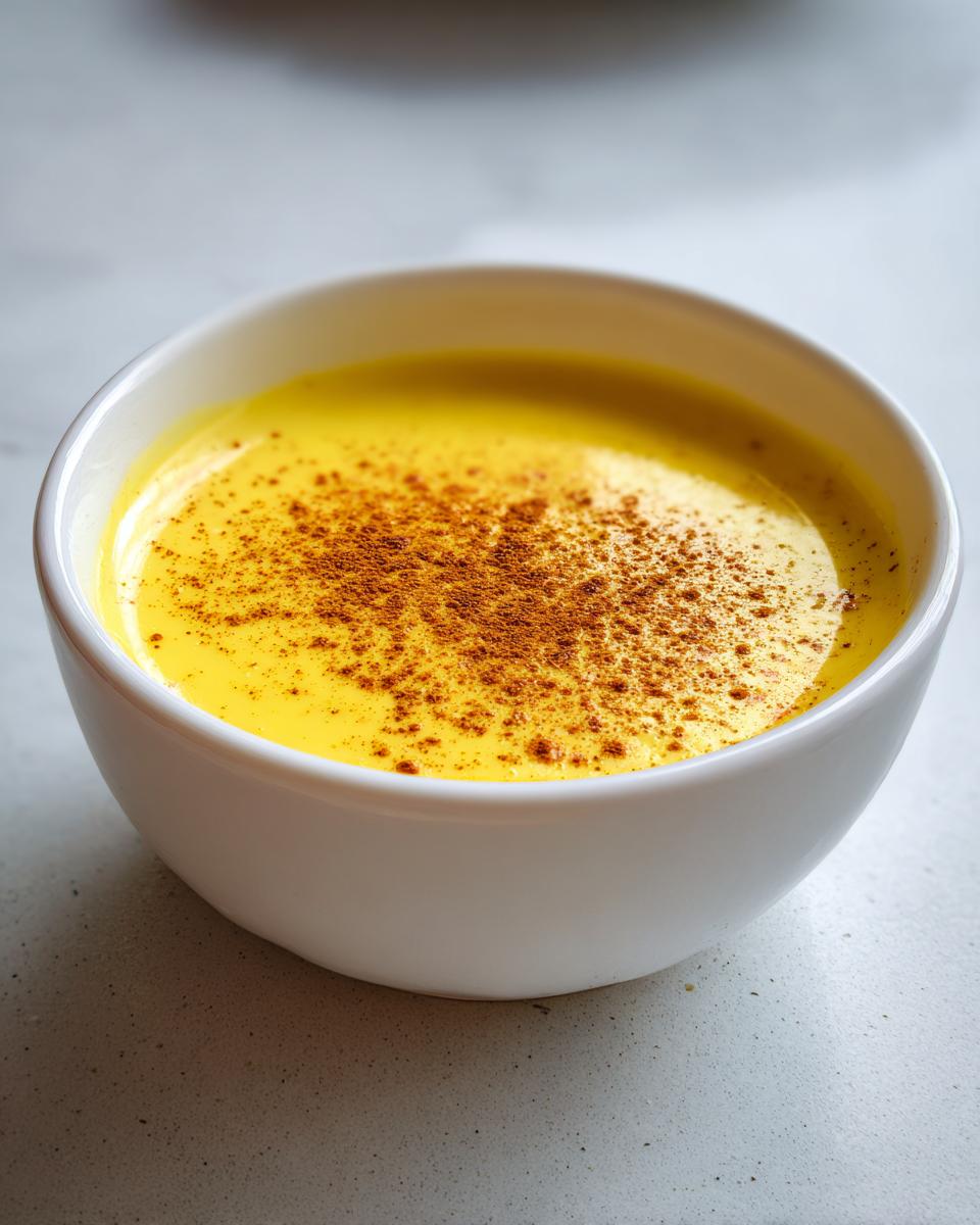 Nahaufnahme einer leuchtend gelben Sauce Hollandaise, bestreut mit etwas dunklem Pulver, in einer weißen Schale.