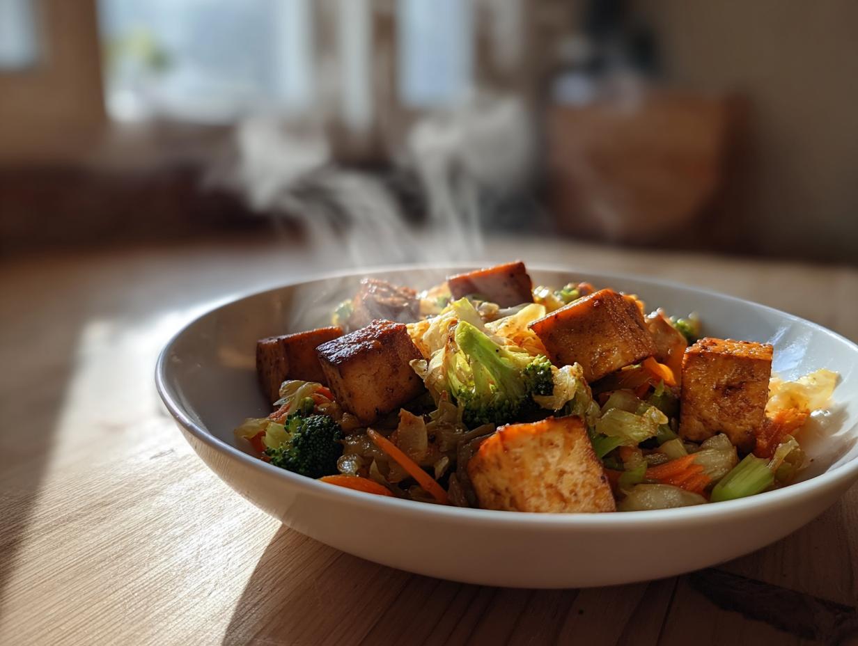 Nahaufnahme einer dampfenden Sauerkraut-Pfanne mit gebratenem Tofu, Brokkoli und Karotten in einer weißen Schüssel.