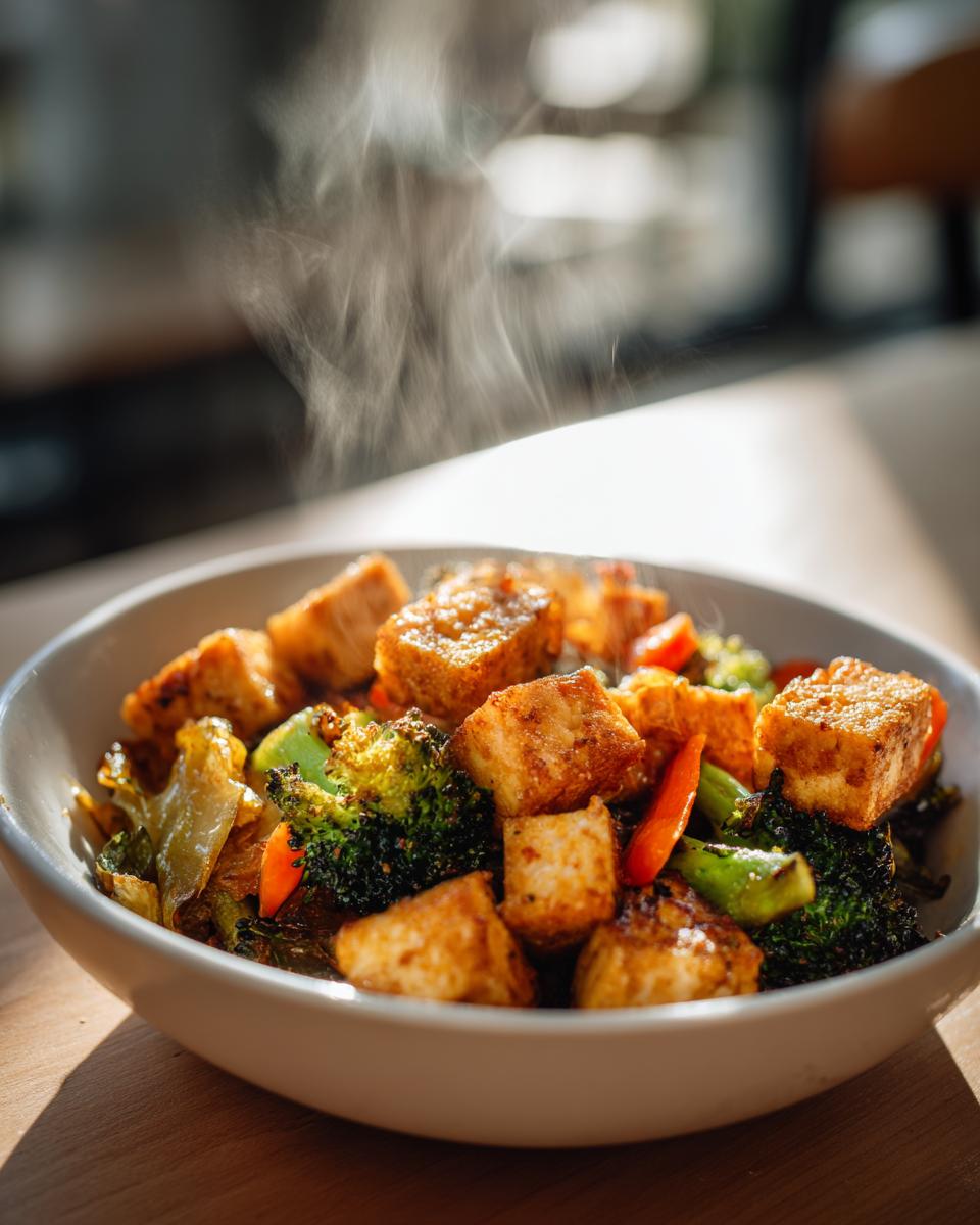 Nahaufnahme einer dampfenden Sauerkraut-Pfanne mit gebratenem Tofu und Brokkoli in einer weißen Schüssel.