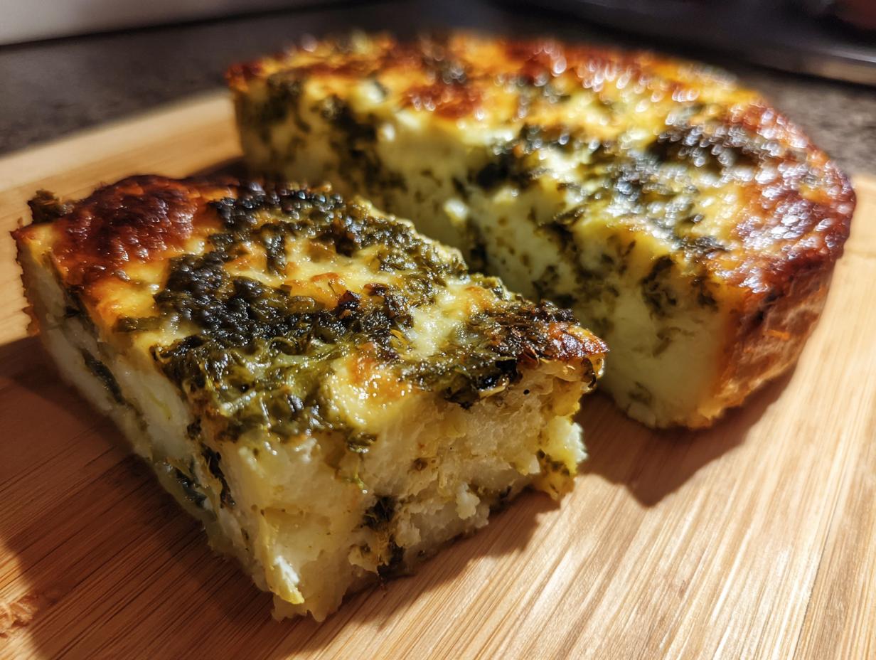 Ein angeschnittenes Stück Schupfnudel-Wirsing-Gratin mit goldbrauner Kruste auf einem Holzbrett.