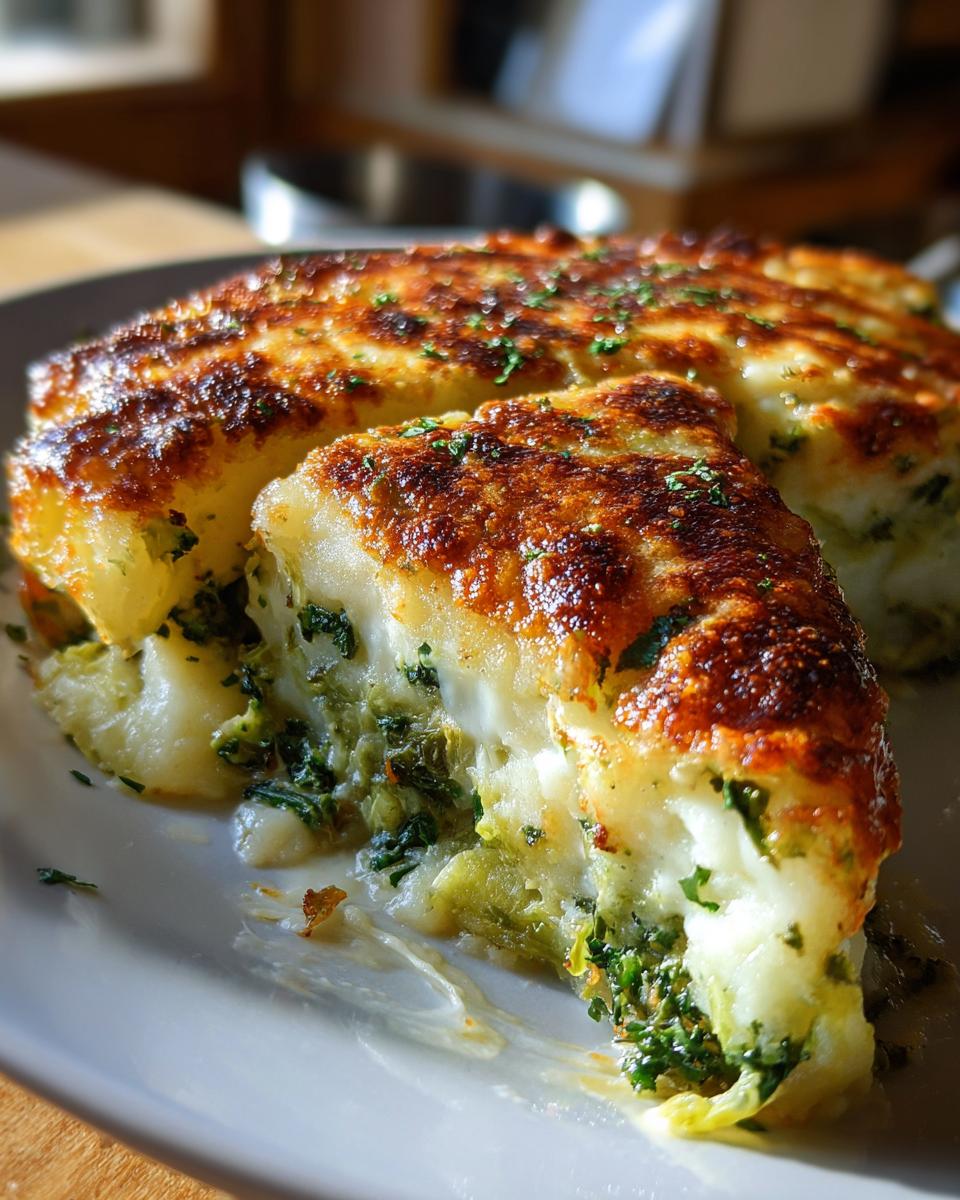 Ein angeschnittenes Stück Schupfnudel-Wirsing-Gratin mit goldbraun gebackener Käsekruste und cremiger Füllung.