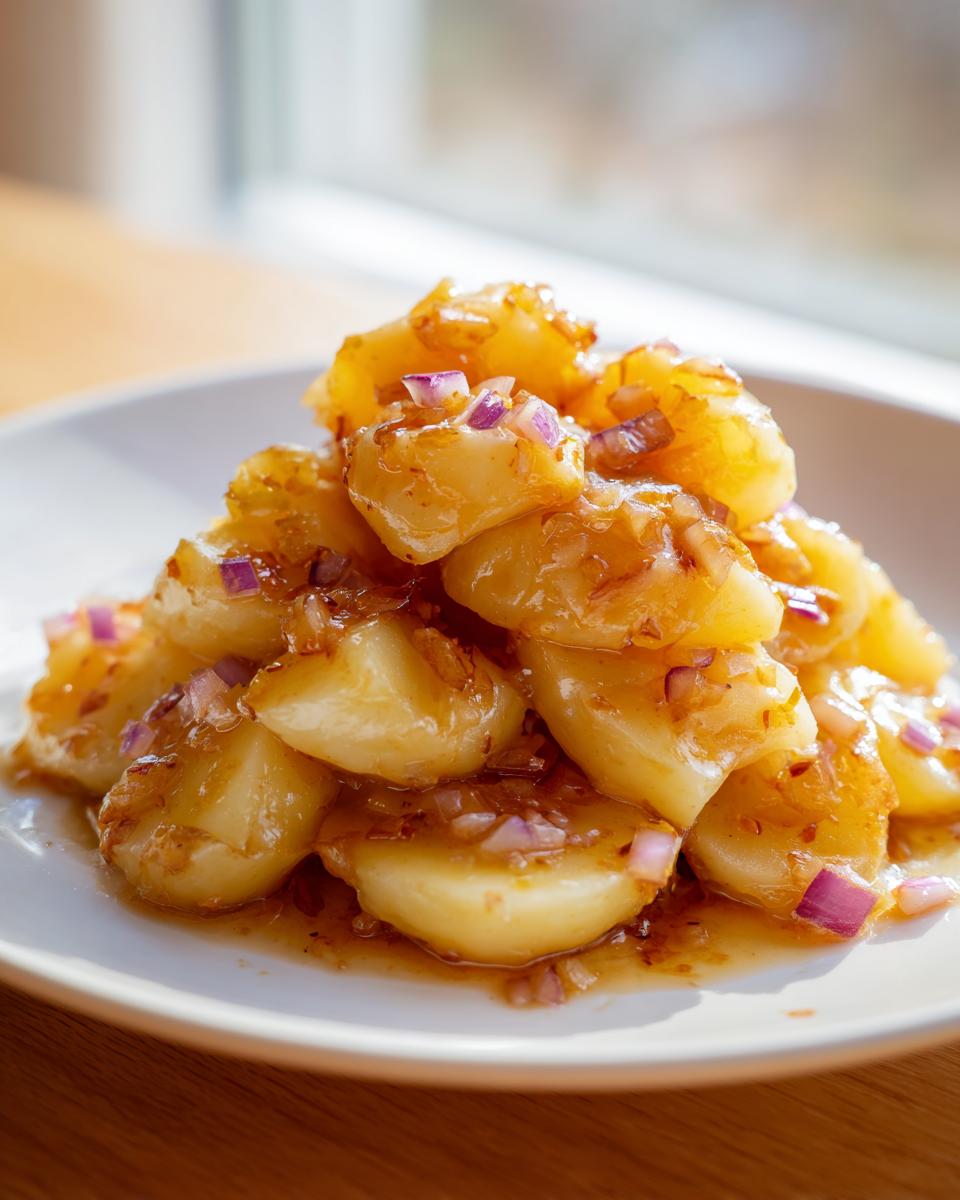 Nahaufnahme von Schwäbischem Kartoffelsalat mit Kartoffelstücken in einer würzigen Brühe und roten Zwiebelwürfeln.