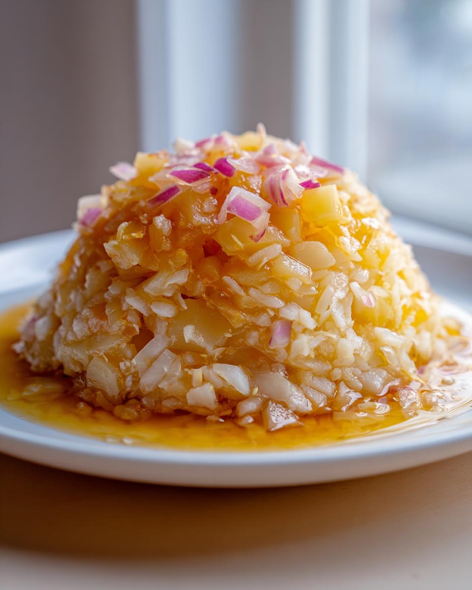 Nahaufnahme von Schwäbischem Kartoffelsalat, angerichtet als Kuppel und bedeckt mit roten Zwiebelwürfeln.