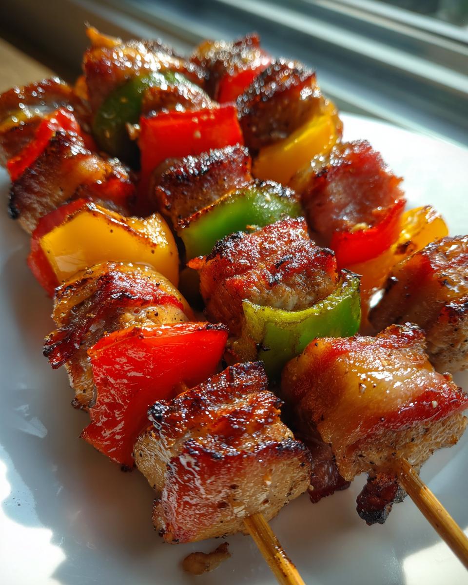 Nahaufnahme von gegrillten Schweinefilet-Bacon-Spießen mit bunten Paprikastücken auf einem weißen Teller.