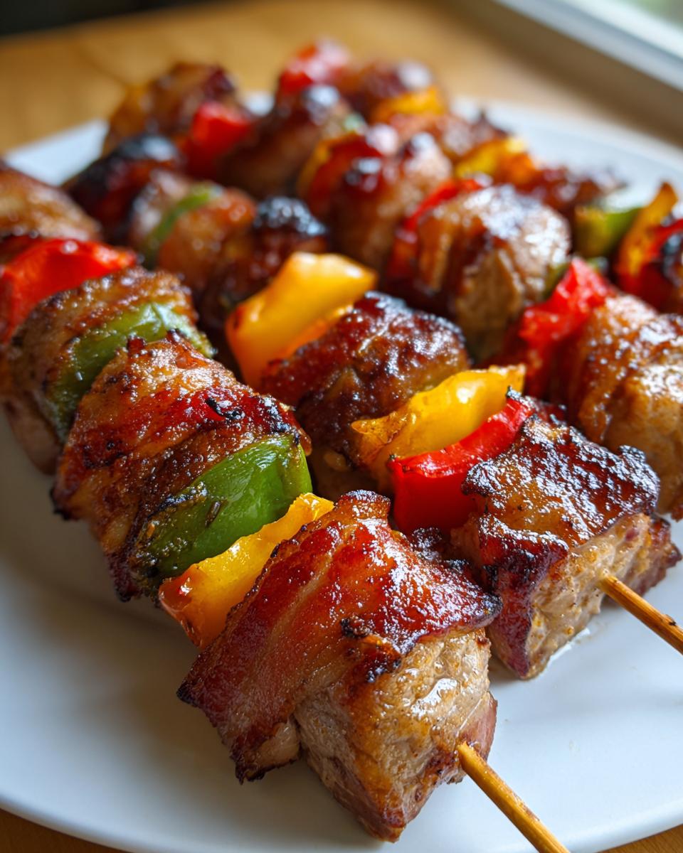 Nahaufnahme von gegrillten Schweinefilet-Bacon-Spießen mit bunten Paprikastücken auf einem weißen Teller.