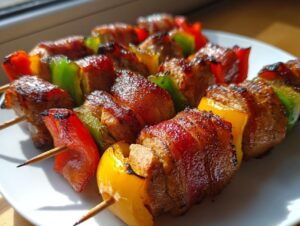 Nahaufnahme von gegrillten Schweinefilet-Bacon-Spießen mit bunten Paprikastücken auf einem weißen Teller.