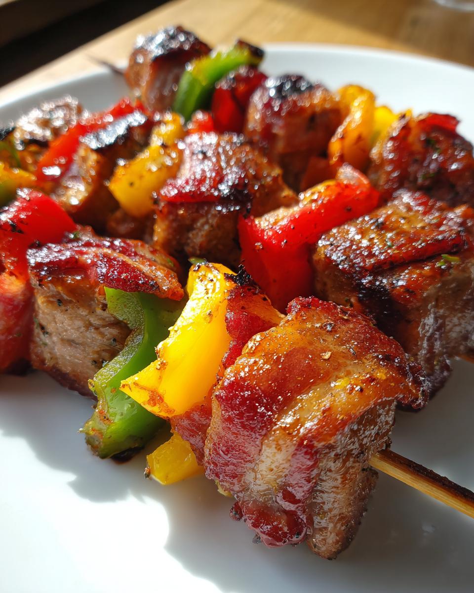 Nahaufnahme von gegrillten Schweinefilet-Bacon-Spießen mit bunten Paprikastücken auf einem weißen Teller.