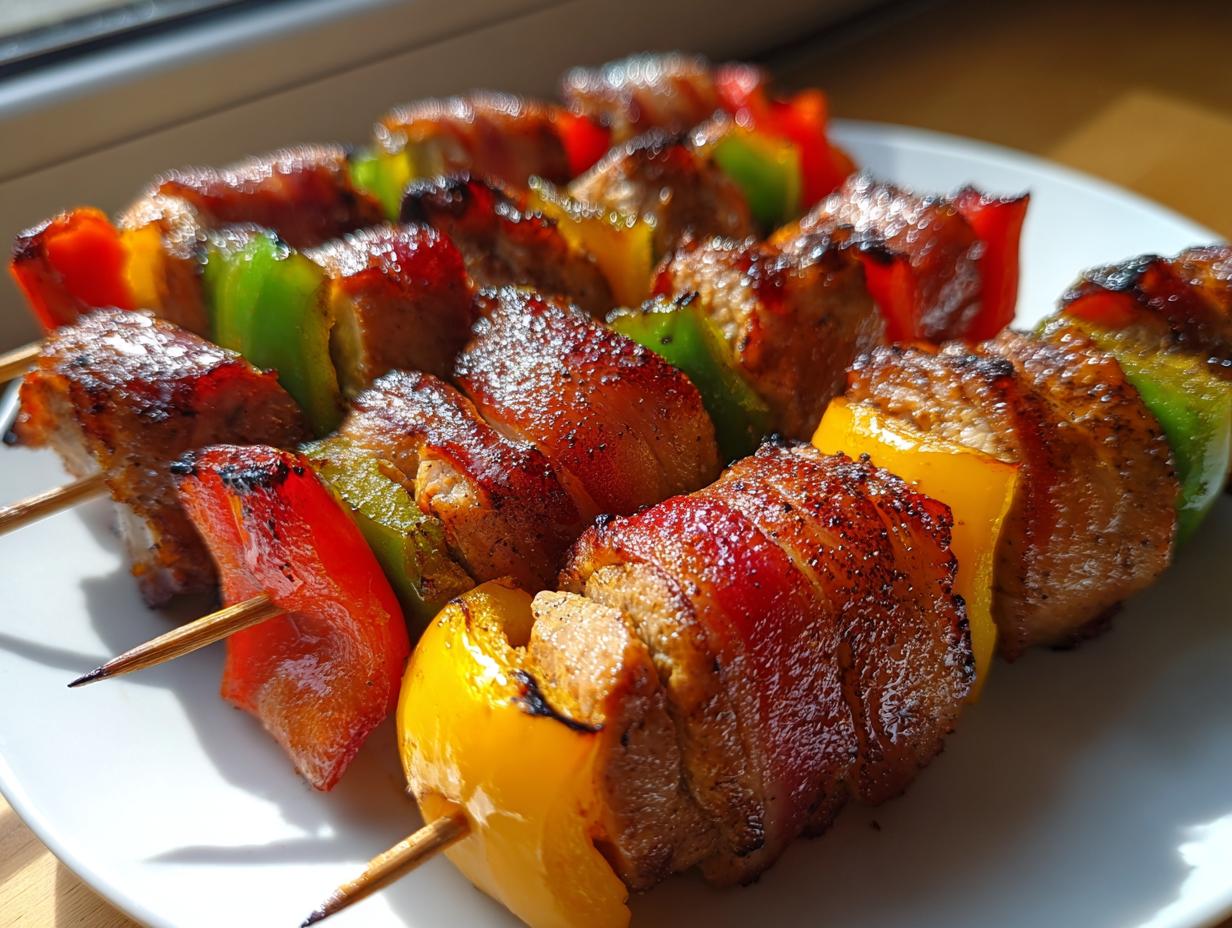 Nahaufnahme von gegrillten Schweinefilet-Bacon-Spießen mit bunten Paprikastücken auf einem weißen Teller.