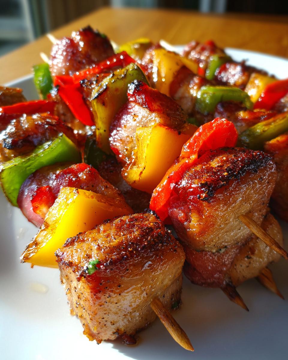 Nahaufnahme von gegrillten Schweinefilet-Bacon-Spießen mit bunten Paprikastücken.