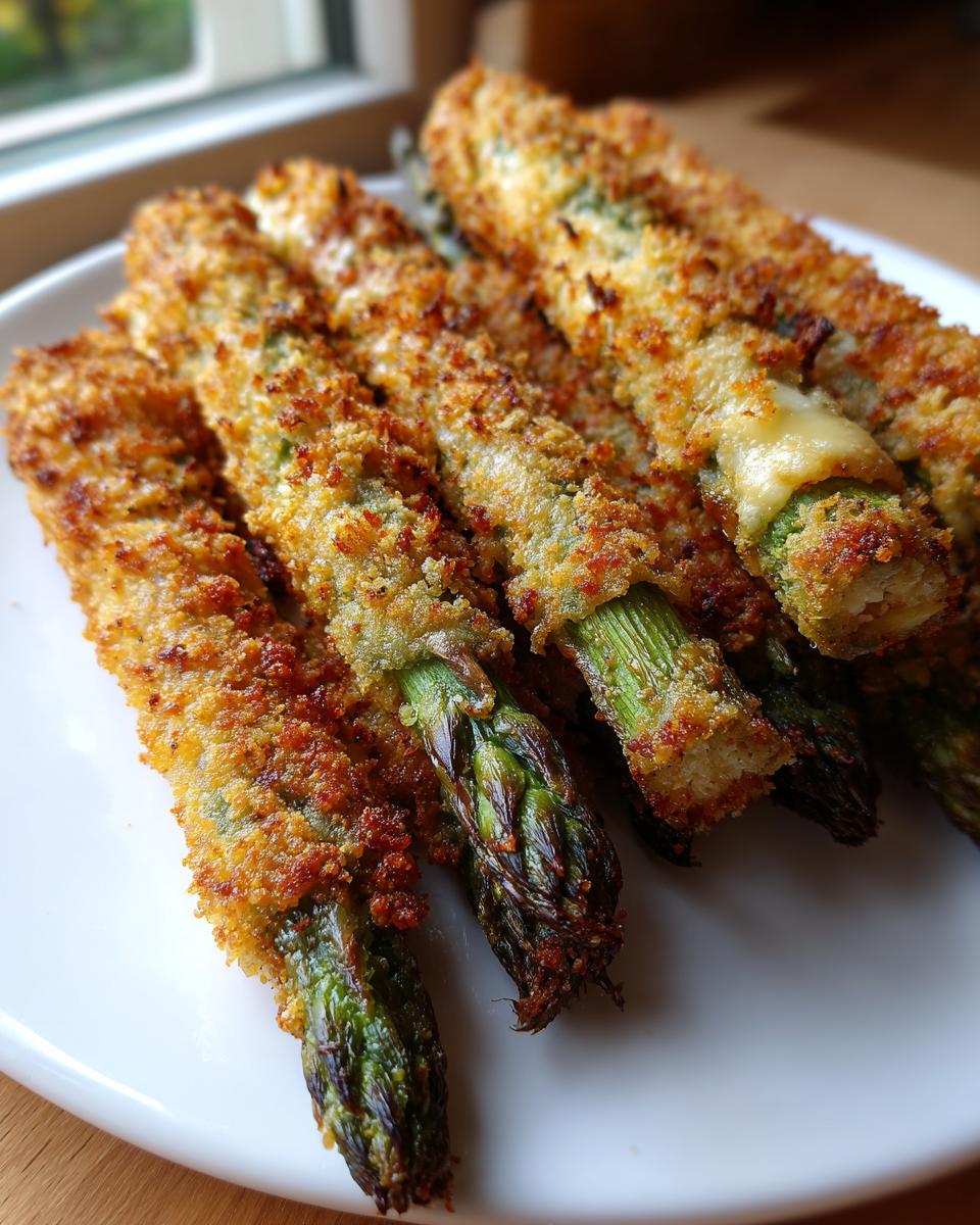 Mehrere paniert und goldbraun gebackene Spargelstangen, die ein Spargel-Cordon-Bleu darstellen.
