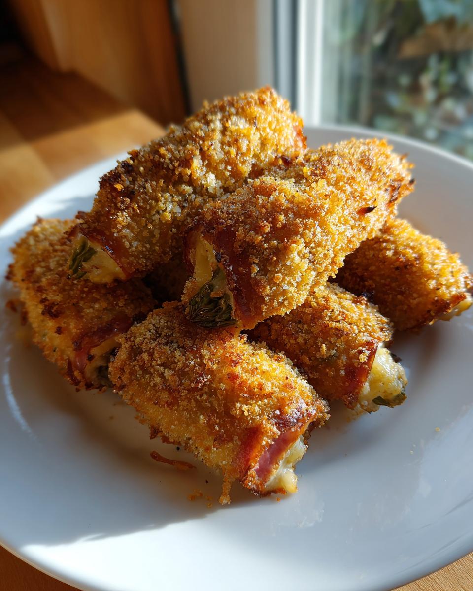 Mehrere goldbraun panierte Spargel-Cordon-Bleu Röllchen auf einem weißen Teller, innen schmilzt Käse.