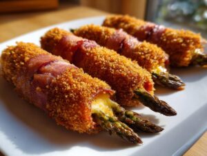 Vier paniert und mit Speck umwickelte Spargelstangen, die als Spargel-Cordon-Bleu serviert werden.