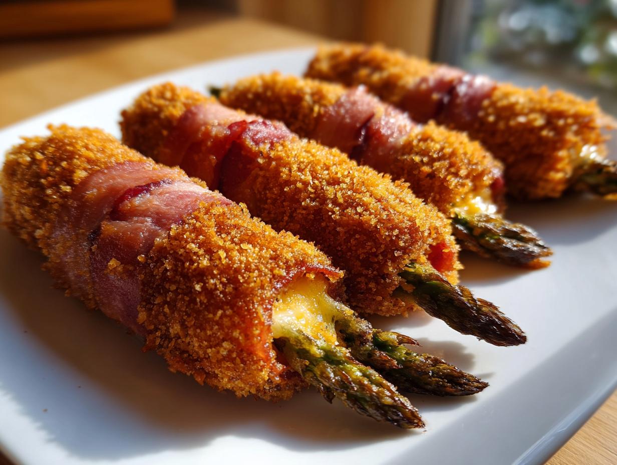 Vier paniert und mit Speck umwickelte Spargelstangen, die als Spargel-Cordon-Bleu serviert werden.