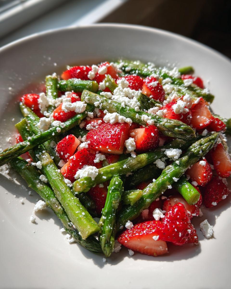 Nahaufnahme eines Spargel-Erdbeer-Salat mit gegrilltem grünem Spargel, frischen Erdbeeren und zerbröseltem Feta.