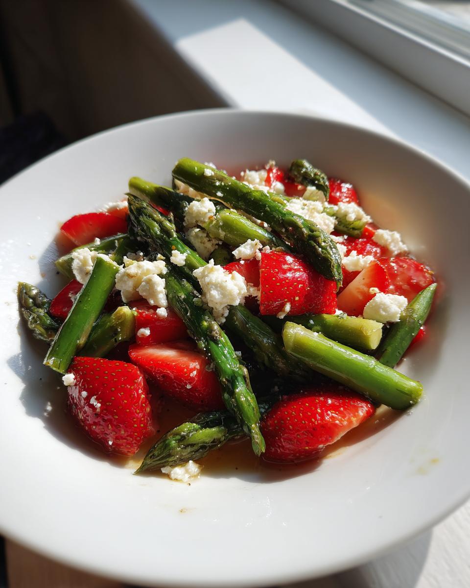 Nahaufnahme eines Spargel-Erdbeer-Salat mit grünem Spargel, Erdbeeren und zerbröseltem Feta in einer weißen Schale.
