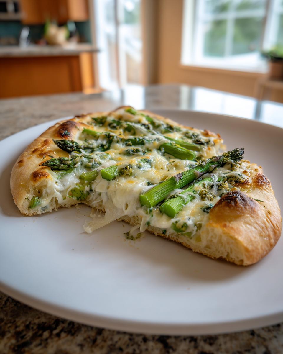 Angeschnittener Spargel-Flammkuchen mit geschmolzenem Käse und grünen Spargelstücken auf einem weißen Teller.