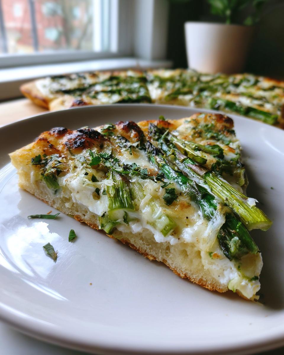 Nahaufnahme eines Stücks Spargel-Flammkuchen mit grünem Spargel, Käse und Kräutern auf einem Teller.