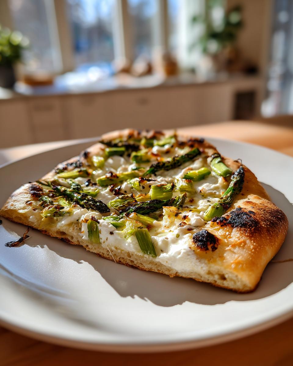 Nahaufnahme eines Stücks Spargel-Flammkuchen mit grünem Spargel und weißem Käse auf einem Teller.