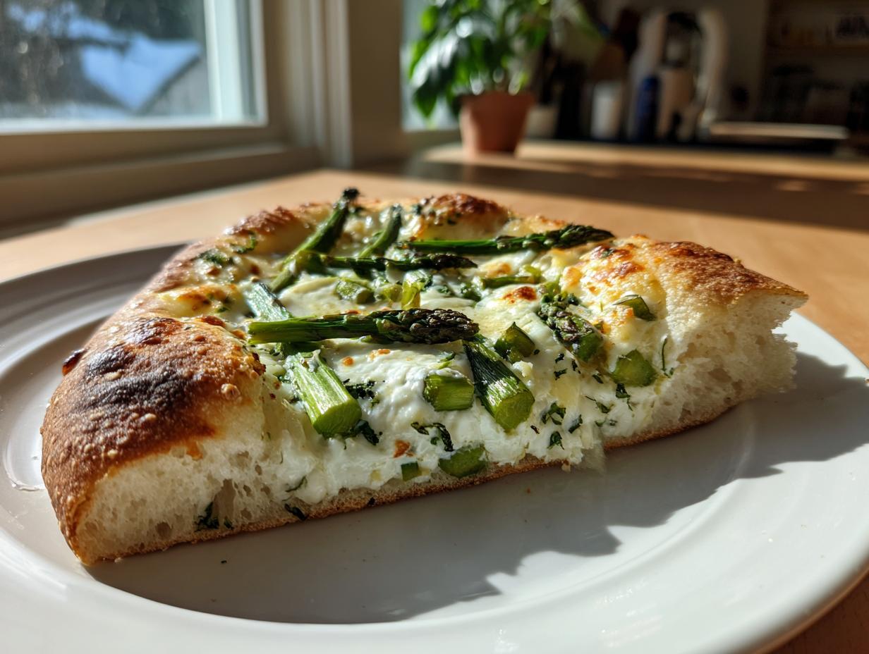 Nahaufnahme eines Stücks Spargel-Flammkuchen mit grünem Spargel und cremiger Käsebasis auf einem weißen Teller.