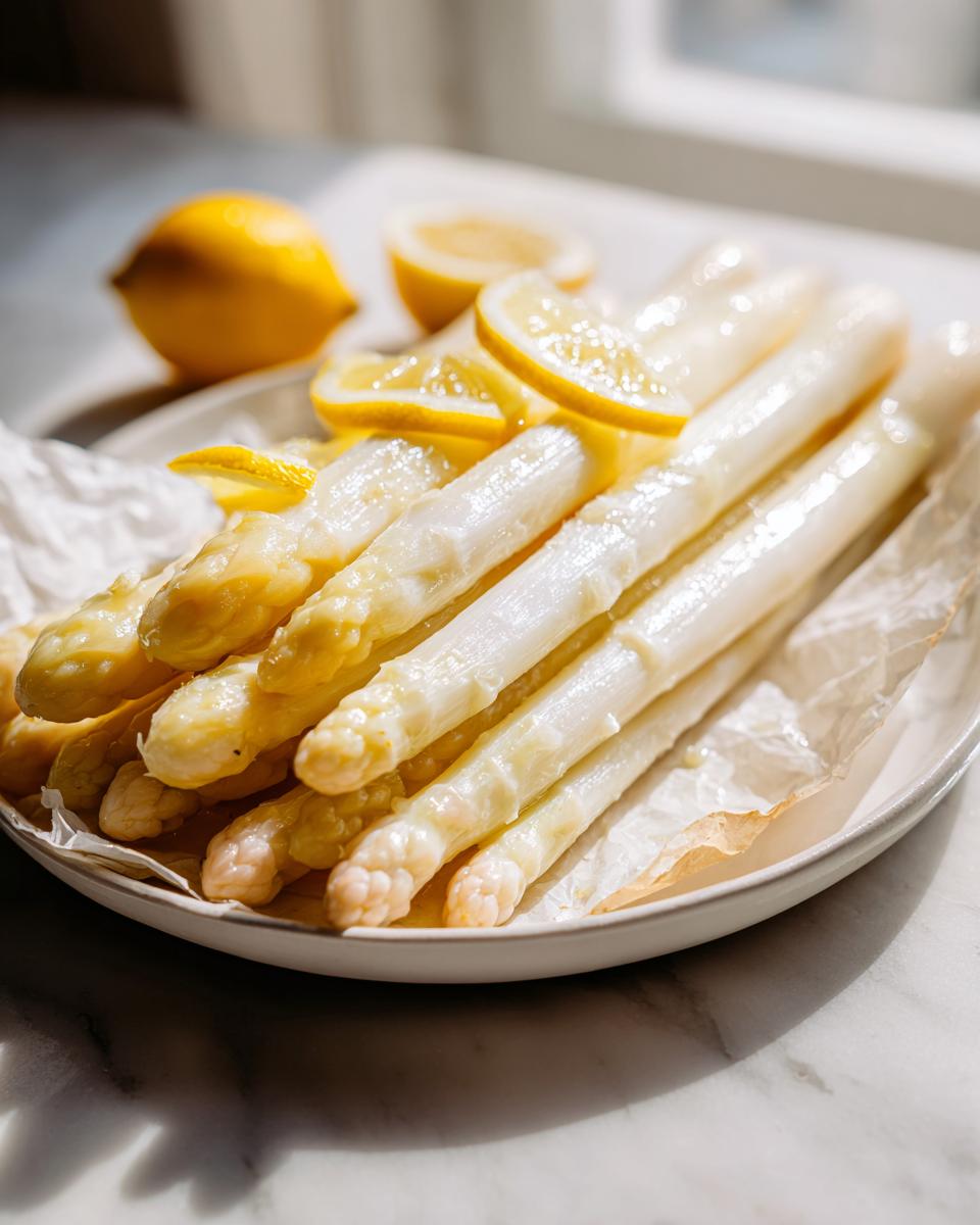 Nahaufnahme von weißem Spargel im Backofen, angerichtet mit Zitronenscheiben auf einem Teller.