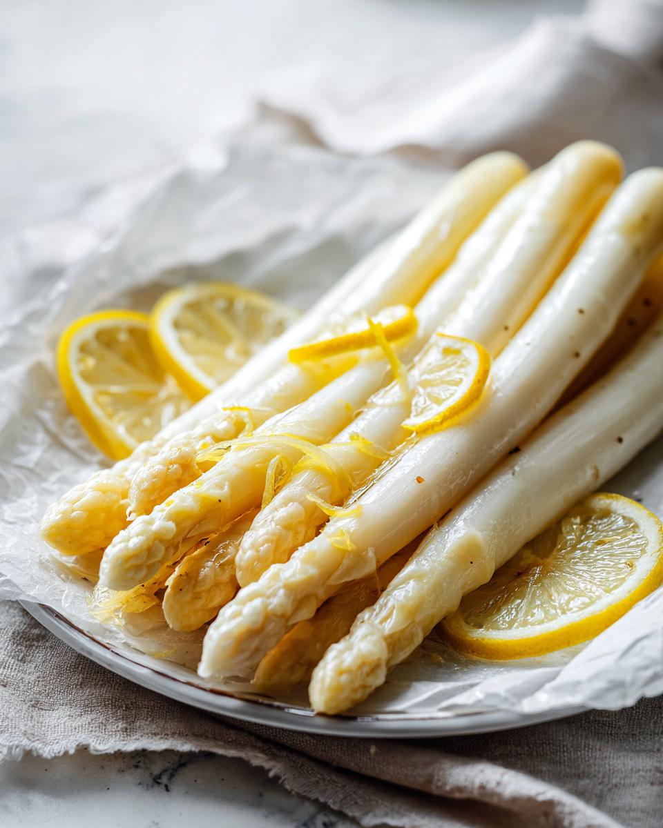 Nahaufnahme von weißem Spargel, zubereitet für Spargel im Backofen, garniert mit Zitronenscheiben.