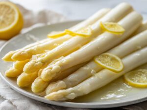 Nahaufnahme von weißem Spargel, zubereitet für Spargel im Backofen, garniert mit Zitronenscheiben.