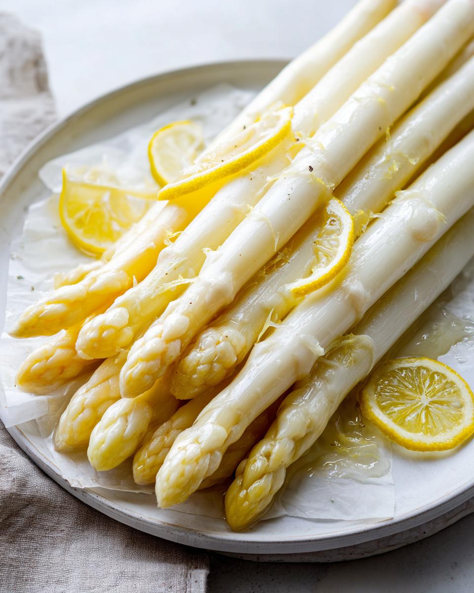 Nahaufnahme von weißem Spargel, zubereitet für Spargel im Backofen, garniert mit Zitronenscheiben.