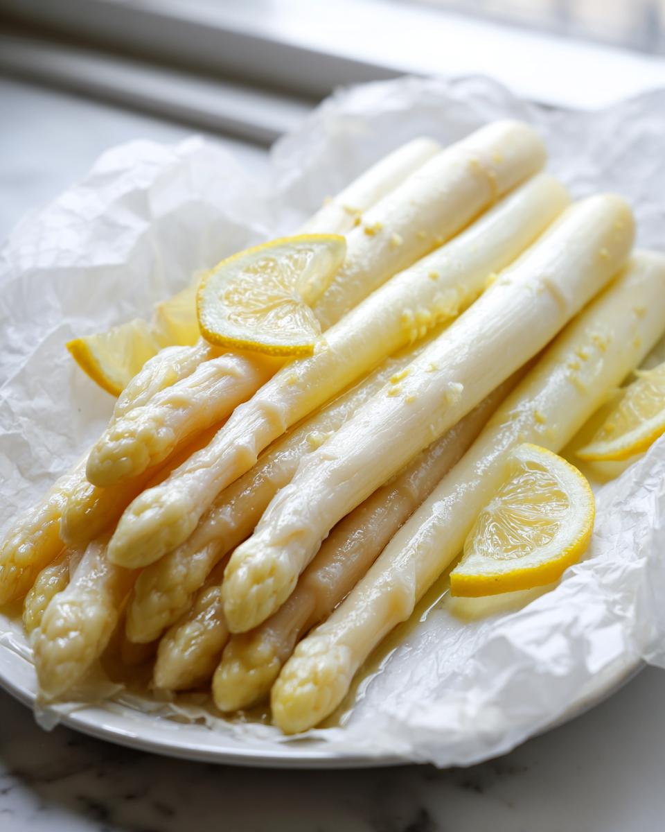 Nahaufnahme von weißem Spargel, zubereitet für Spargel im Backofen, garniert mit Zitronenscheiben.
