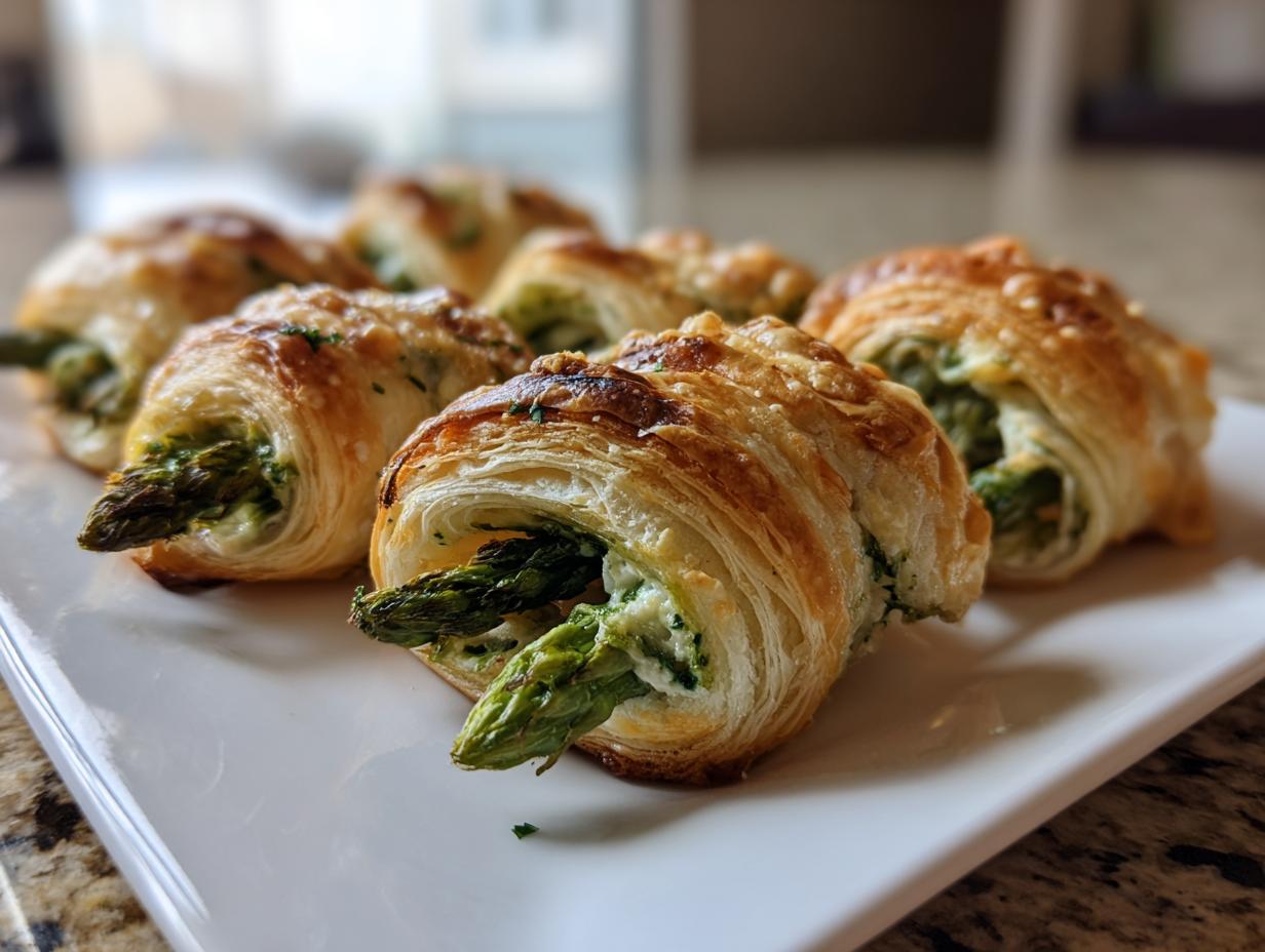 Mehrere goldbraun gebackene Spargel im Blätterteig mit Frischkäse auf einem weißen Teller.