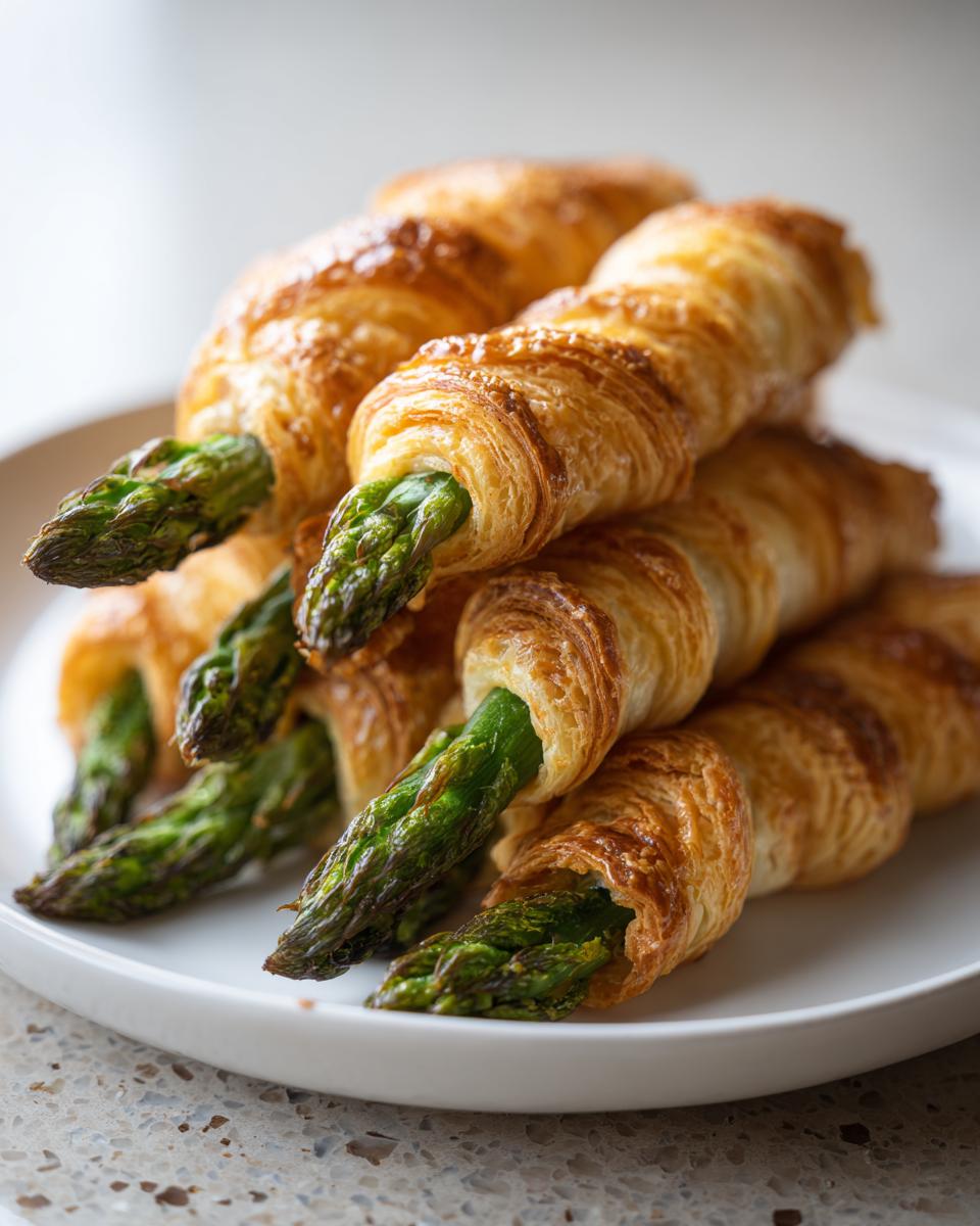 Ein Stapel goldbrauner Spargel im Blätterteig mit Frischkäse, wobei die grünen Spargelspitzen sichtbar herausragen.