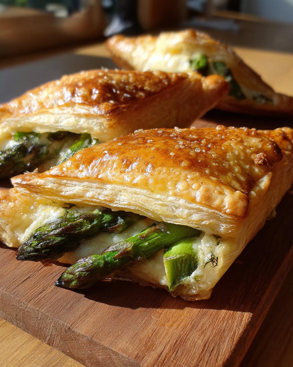Nahaufnahme von goldbraunem Spargel im Blätterteig, gefüllt mit grünem Spargel und Käse.