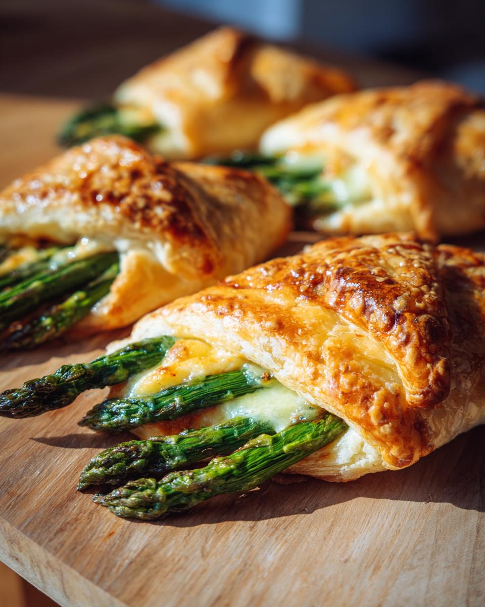Nahaufnahme von goldbraun gebackenem Spargel im Blätterteig mit geschmolzenem Käse auf einem Holzbrett.