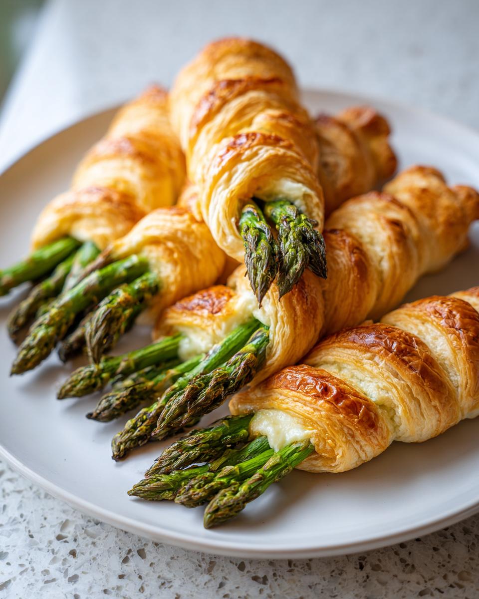 Mehrere goldbraun gebackene Spargel im Blätterteig mit Frischkäse auf einem weißen Teller angerichtet.