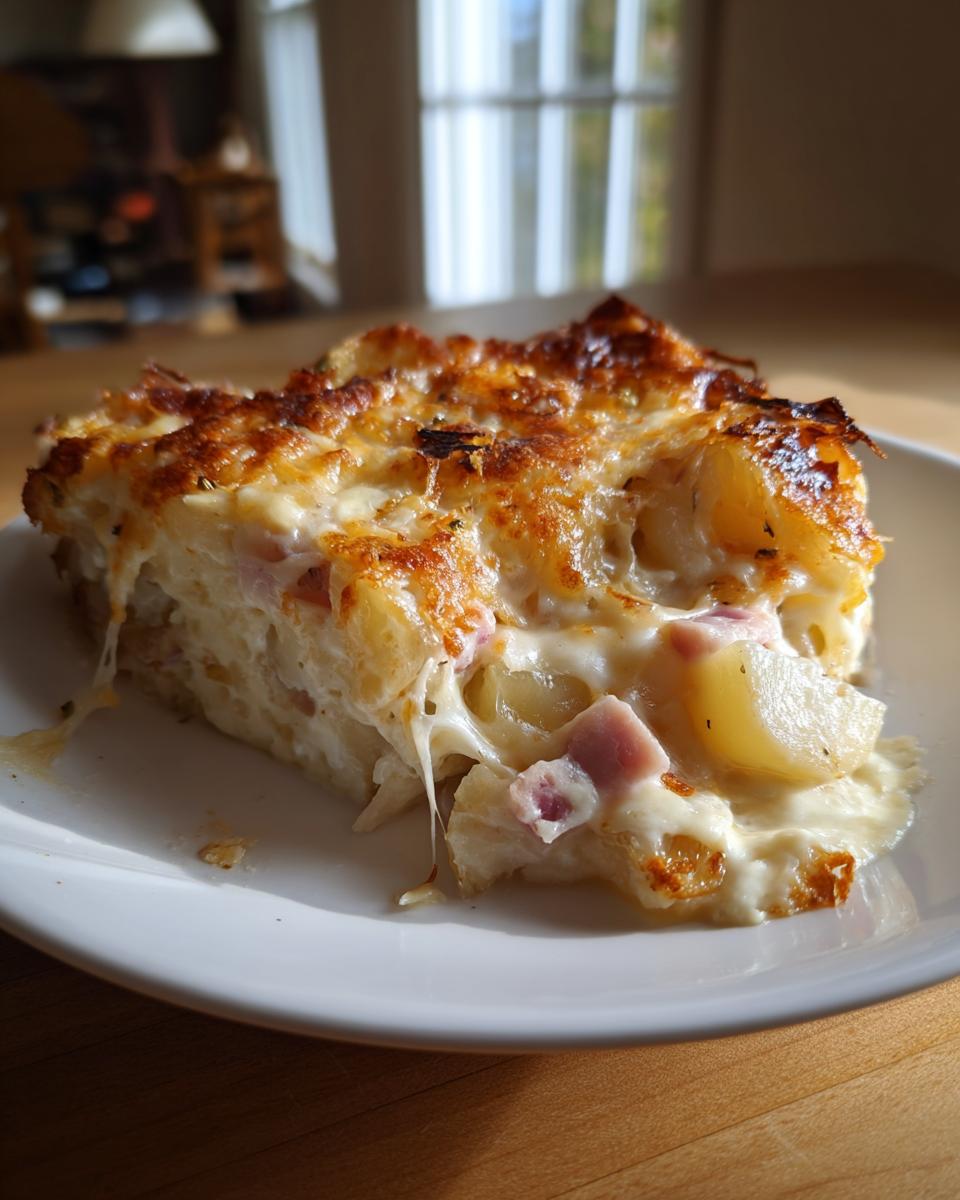 Ein goldbraun überbackenes Stück Spargelauflauf mit Kartoffeln und Schinken auf einem weißen Teller.