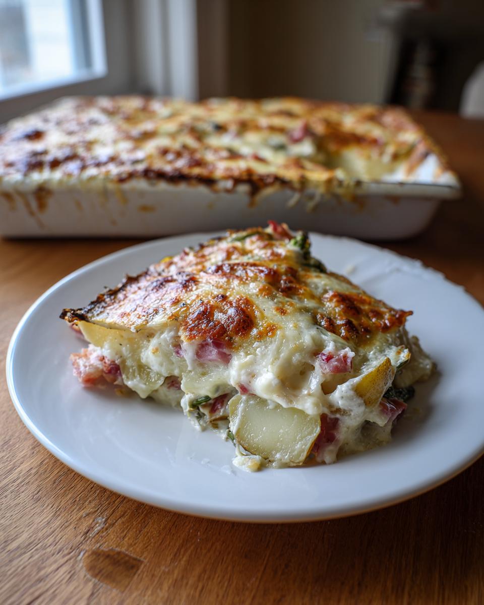 Ein Stück cremiger Spargelauflauf mit Kartoffeln und Schinken auf einem weißen Teller, überbacken mit Käse.